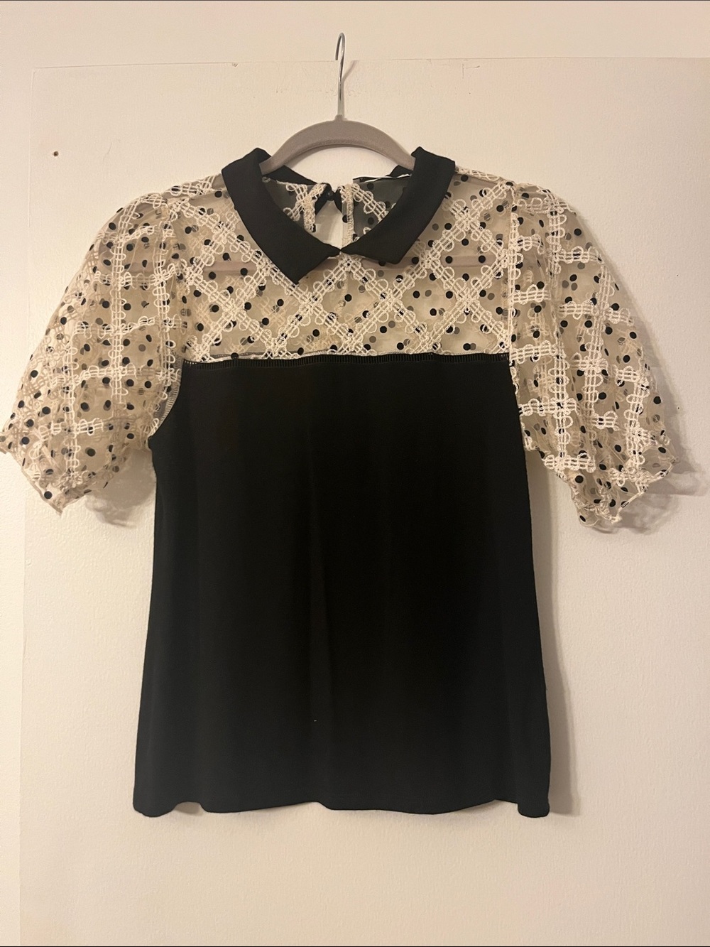 Black Top with Ivory Lace Polka Dot Yoke and Peter Pan Collar